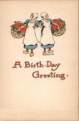 A Birth-Day Greeting Two Women Carrying Baskets of Red Flowers Postcard