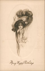 Young woman with large hat: "Many happy birthdays" Postcard