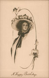 Face of Woman Wearing a Hat With Flowers A Happy Birthday Postcard Postcard Postcard