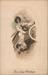 Many happy Birthdays - Woman in Sailor Dress at the Helm of a Boat Postcard Postcard Postcard