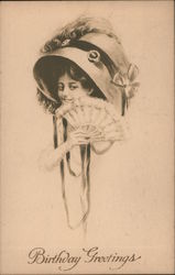 Woman in Large Hat with Fan, Birthday Greetings Postcard Postcard Postcard