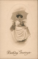 Woman Sitting with Umbrella and Book, Birthday Greetings Postcard Postcard Postcard