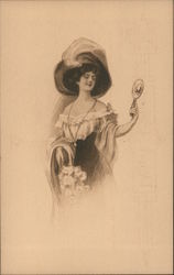 Woman Wearing Hat Looking in Mirror Women Postcard Postcard Postcard