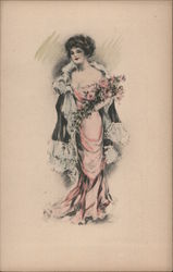 Woman in Pink Dress with Black Cape, Holding Flowers Women Postcard Postcard Postcard