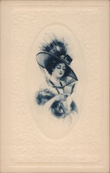 Woman Wearing a Hat Reading a Card Postcard