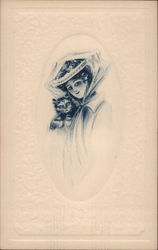A Woman in a Large Hat Holding a Cat Postcard