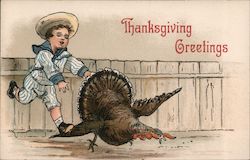 Thanksgiving Greetings Boy Chasing Turkey Postcard