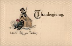 Thanksgiving - Child Sitting on Dog House Away from a Turkey Postcard