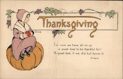 Thanksgiving, Girls sitting on pumpkin holding a tomato Postcard