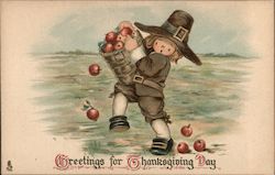 Greetings for Thanksgiving Day - Pilgrim Boy Carrying Apple Basket Postcard