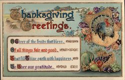 Thanksgiving Greetings - Turkey in Front of Flowers and Cornucopia of Fruit Postcard