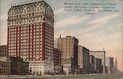 Michigan Ave., from Hubbard Court North, showing Blackstone, Congress, Auditorium Hotels, Railway Exchange, Gas Building, etc. Postcard