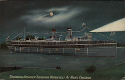 Excursion Steamer Theodore Roosevelt at Night Chicago, IL Postcard Postcard Postcard