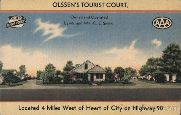 Olssen's Tourist Court, located 4 miles West of heart of city on Highway 90. Owned and operated by Mr. and Mrs. C.E. Smith