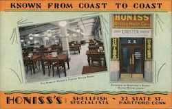 Known from coast to coast. Honiss's Shellfish Specialists. 22 State St. Hartford Conn. Postcard