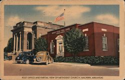 Post Office and partial view of Methodist Church, Malvern, Arkansas Postcard