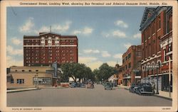 Government Street, looking West, showing Bus Terminal and Admiral Semmes Hotel, Mobile, Ala. Postcard