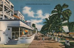 Wofford Hotel, Miami Beach, Fla. Garden Room and Ocean Promenade Postcard