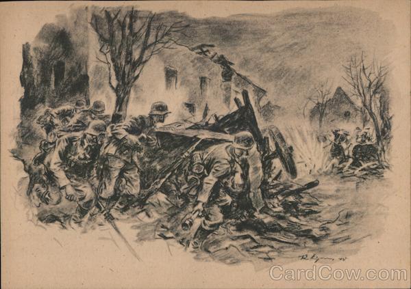 German WWII Army, Wehrmacht Unit Fighting in Village Behind Barricade