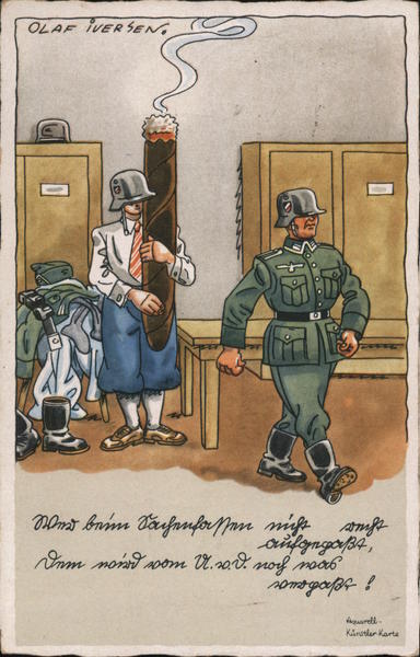 German Soldiers' Comics, Soldier and Woman Holding Huge Cigar in Locker Room