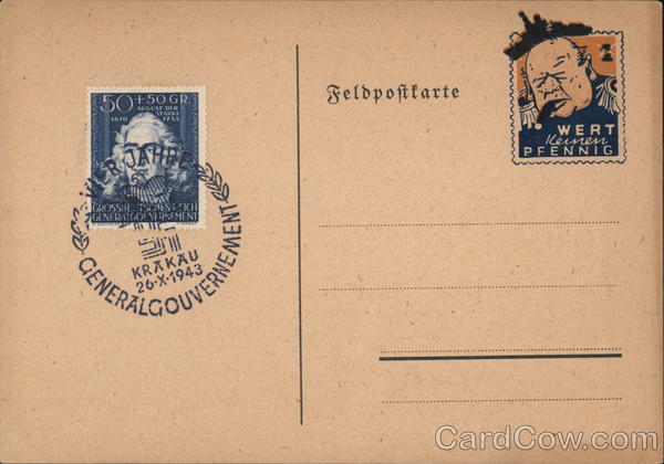 German Propaganda WWII, Cartoon Stamp of Churchill, Not Worth a Penny., Poland