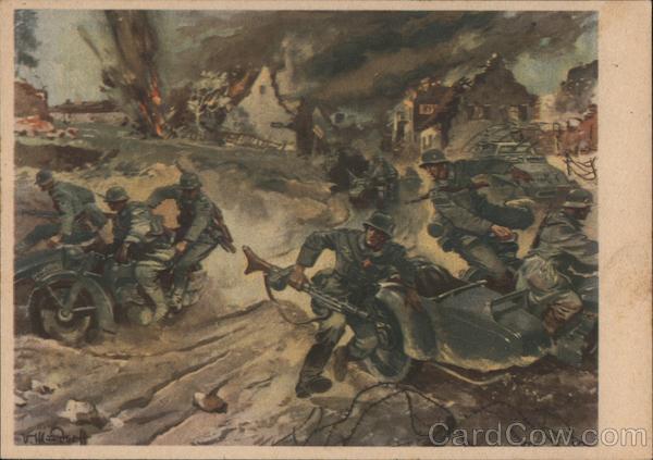 Germany WWII, Motorcycle Unit w Sidecars in Battle