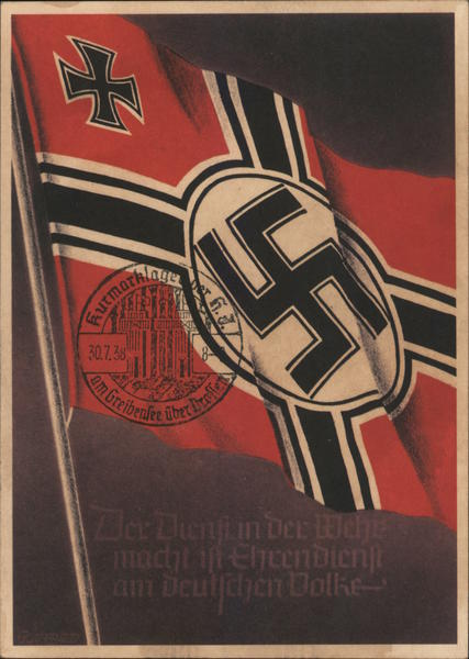 Germany Nazi Propaganda, Flag w Swastika, Postmark from Hitler Youth Camp