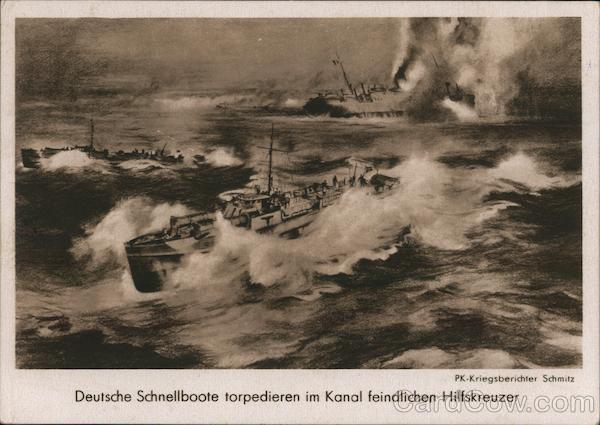 Navy, WWII, German PT Boats Torpedo an Enemy Escort Cruiser