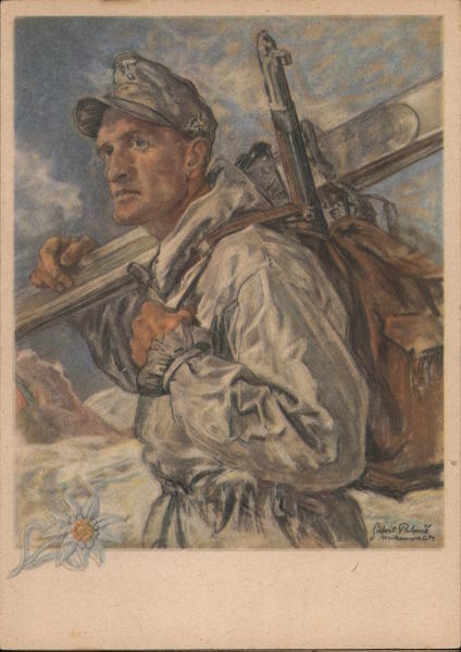 Mountain Troops Soldier w Skis and Weapon Nazi Germany