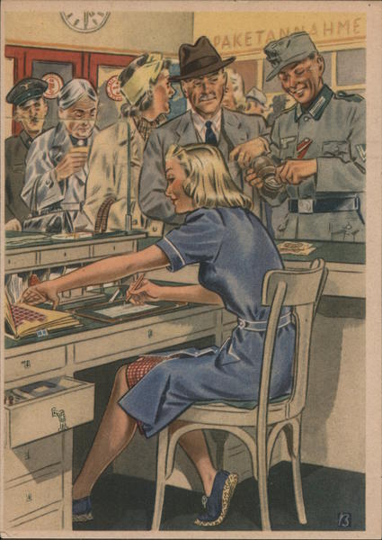 Women Working for You, Beautiful Blond Woman Working at Post Office, Soldier