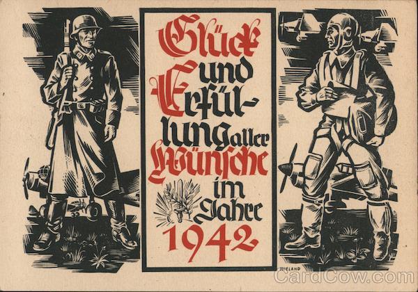 Soldier & Pilot, Airplanes,  Good luck and the FulfillmEnt of All Your Wishes in 1942, New Year's Card
