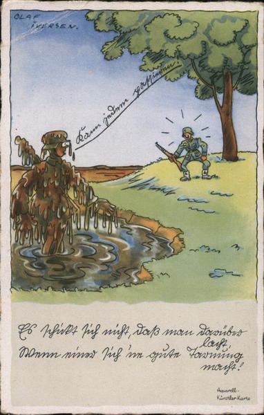 Military Humor, Soldier Leaping from Tree into Mud