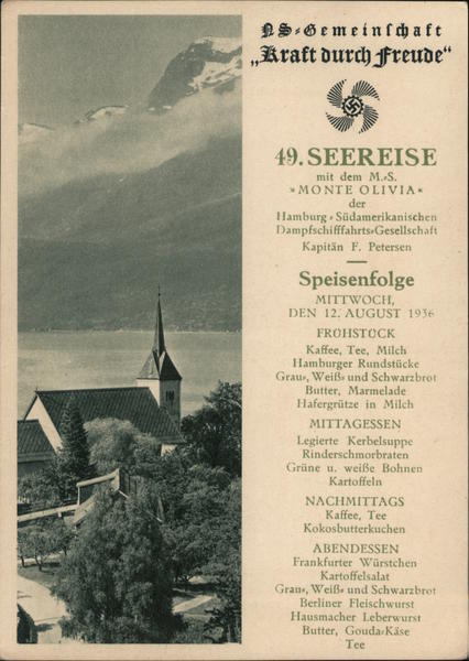 Menu from Steamer Monte Olivia, Nazi Travel Bureau, Strength Through Joy 49th Lake Excursion