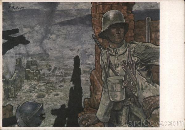 German Soldier at the Front, French Poilu Helmet Hanging in Rubble