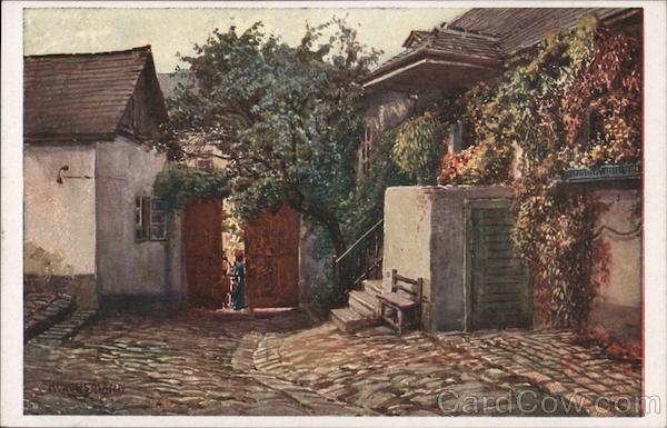 House Scene in Nussdorf, Neighborhood of Vienna, with Austria Overlay on Hitler Stamp