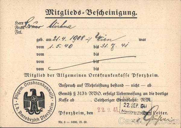 Membership Identification, Local health insurance Pforzhiem, 1941