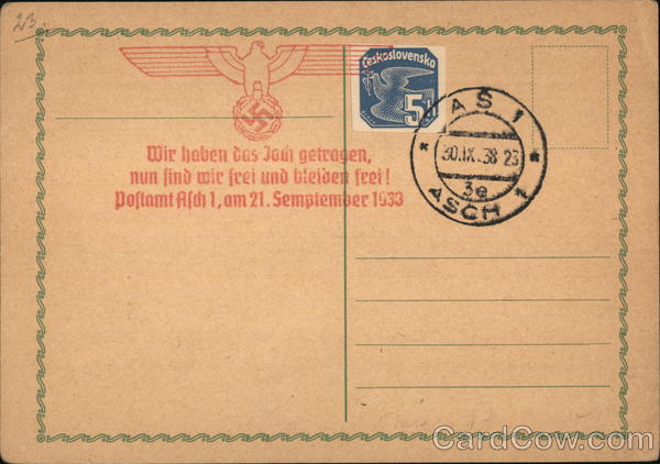 Czechoslovak stamp with German cancel and postmark, celebrating annexation of the Sudetenland Sep 21 1938