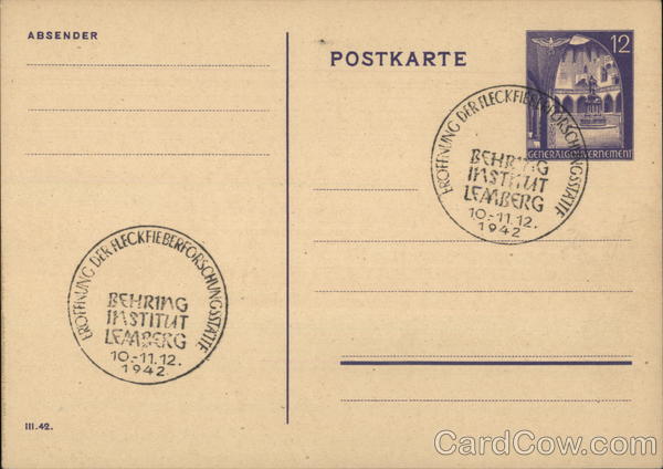 German-occupied Poland/Ukraine, city of Lviv (Lemberg) commemorative cancel Eröffnung der Fleckfieberforschungsstätte Behring-Institut Lemberg 10.-11.12.1942