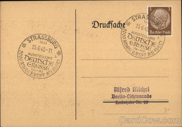 commemorative cancel Deutsche Grösse - 2000 Jahre Kampf am Rhein Strassburg, nowadays Strasbourg in France