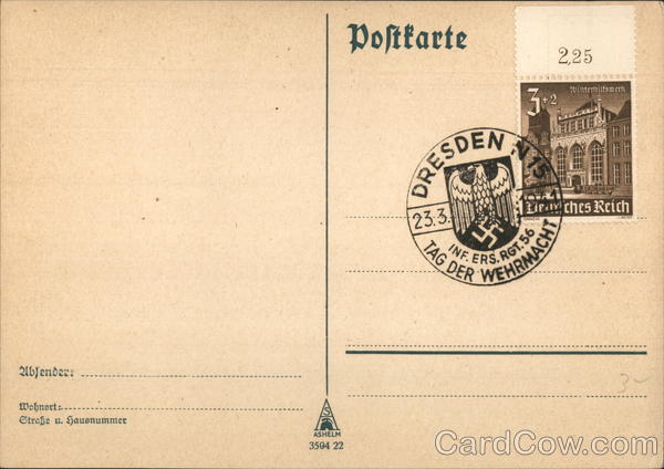 commemorative cancel Tag der Wehrmacht (Inf. Ers. Rgt. 56) postal district Dresden N 15