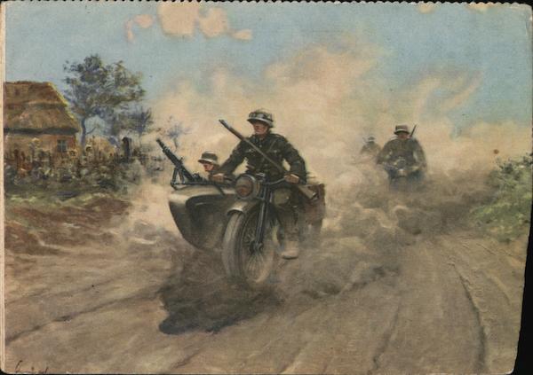 Forward Unit in Poland, Soldiers on Motorcycle w Sidecar