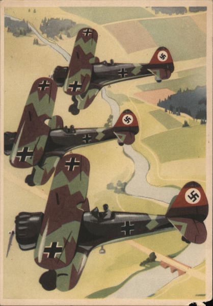Luftwaffe, German Observation Planes w Swastika, Bi-Planes over River
