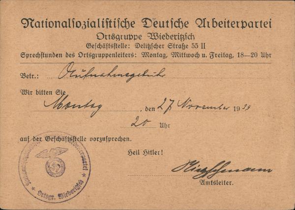 Summons to Appear Before Working Committee of National Socialist Workers Party (Nazi), Wiederitzsch
