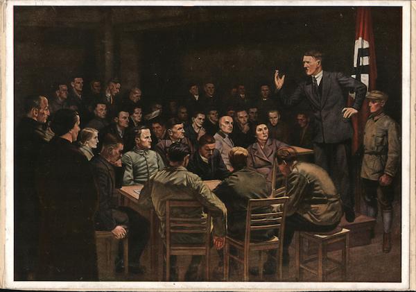 Hitler Lecturing at Early Nazi Party Meeting, Men and Wiomen Listen to Speech, Flag