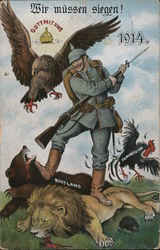 Germany WWI Propaganda, German Soldier Defeats England, Russia, France Postcard