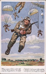 German WWII Humor, Paratrooper w Rifle, Parachute Postcard