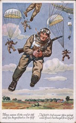 German WWII Humor, Paratrooper w Rifle, Parachute Nazi Germany Postcard Postcard Postcard