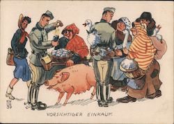Germany WWII, Two Soldiers Buy a Pig, "A Cautious Purchase" Postcard