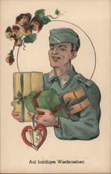 Germany WWII, Soldier w Gifts and Heart, "Hoping to See You Again Soon" Postcard