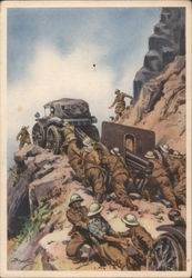 Soldiers pushing a cannon on the field Postcard